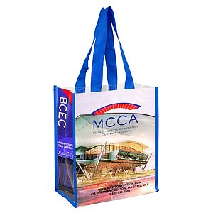 12W x 14H x 7Gusset - NICOLE Full Color Laminated Woven Wrap Tote and Shopping Bag