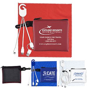 “TechMesh Hang Pro” Mobile Tech Charging Cable Kit in Mesh Zipper Pouch Components inserted into Zip