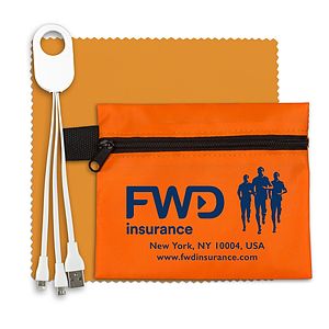 Mobile Tech Charging Cables In Zipper Pouch Components inserted into Polyester Zipper Pouch