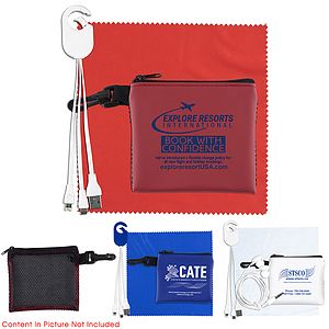 “TechMesh Hang Pro” Mobile Tech Charging Cable Kit in Mesh Zipper Pouch Components inserted into Zip