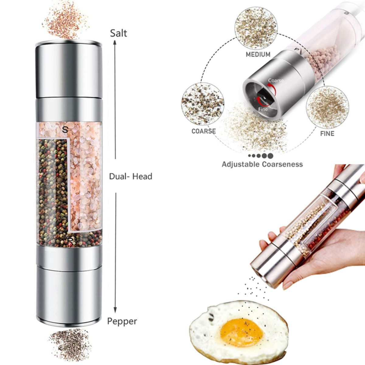 Pepper Mill Grinder 2 in 1 Stainless Steel Manual Salt