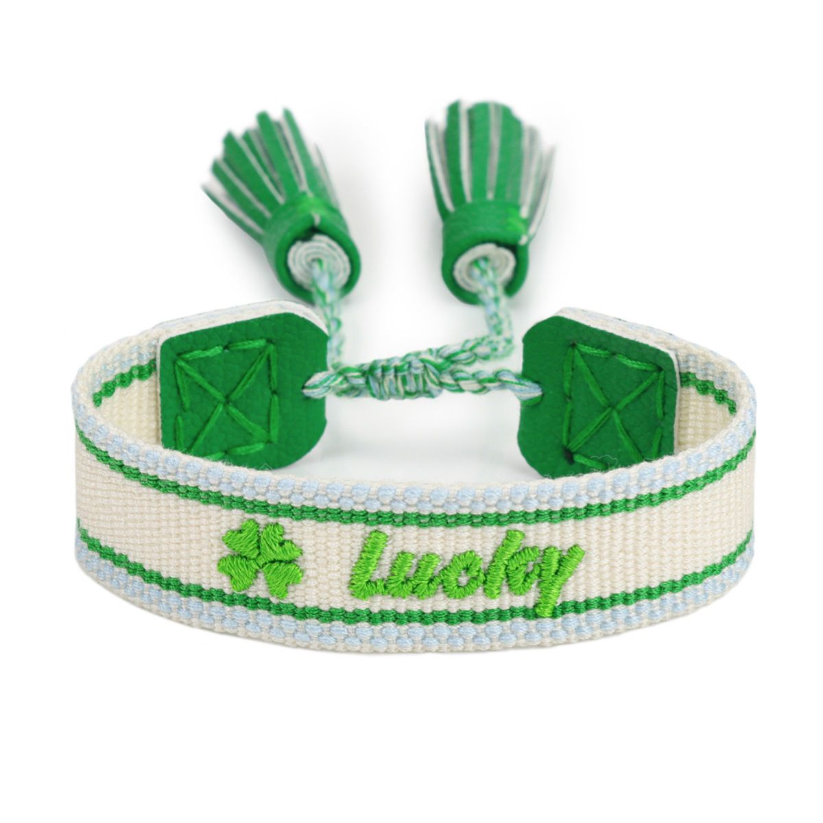 Embroidered Woven Bracelet With Leather Locking