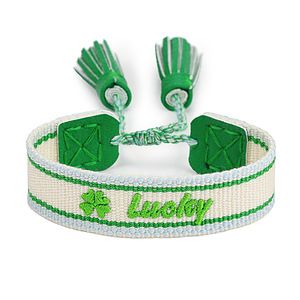 Embroidered Woven Bracelet With Leather Locking