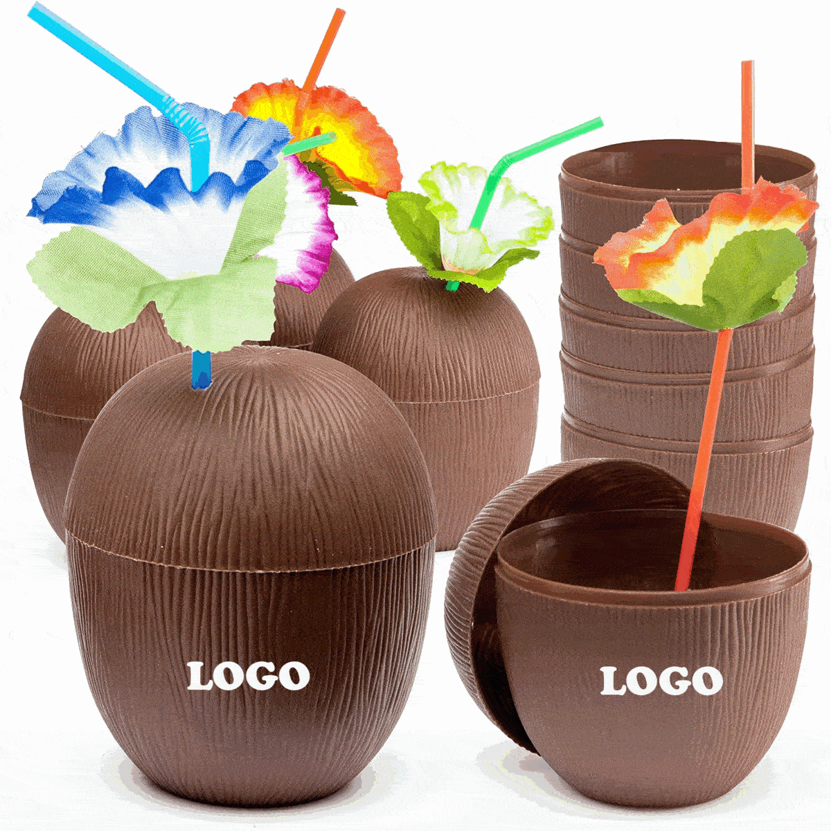 Hawaiian Themed Coconut Cups with Flower Straws & Twist Close Lids