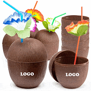 Hawaiian Themed Coconut Cups with Flower Straws & Twist Close Lids