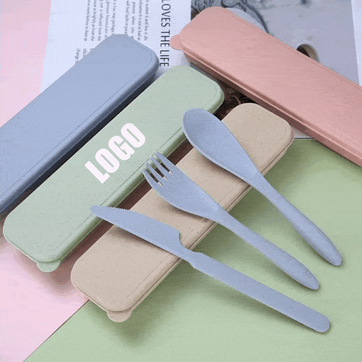 Wheat Straw Reusable Spoon Knife Forks TablewareTravel Utensils Set with Case