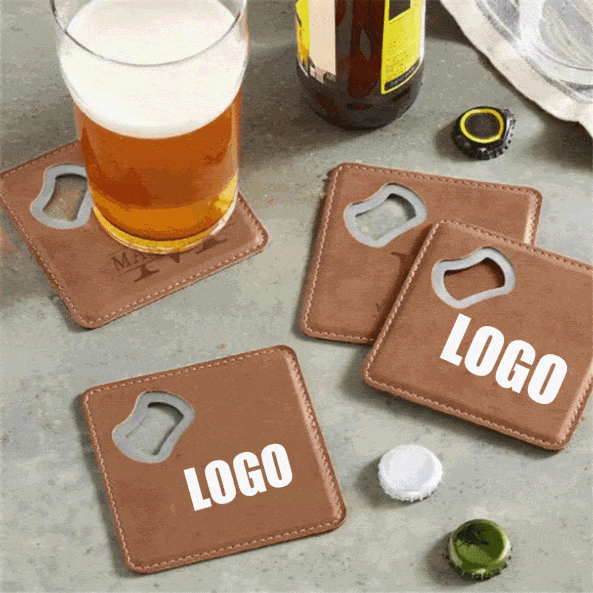 Stainless Steel and PU Leather Coaster & Bottle Opener/2 IN 1 Square Leather Coaster Bottle Opener