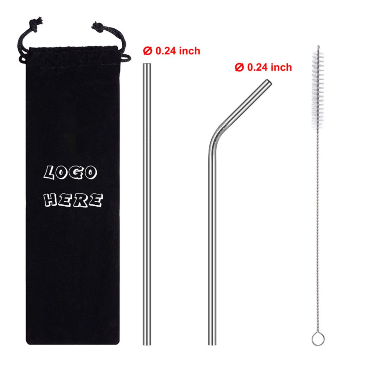 2 in 1 304 Stainless Still Drinking Straw w/ Pouch&Cleaning Brush