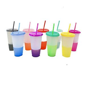 24oz Reusable Plastic Color Changing Cup With Lid & Straw