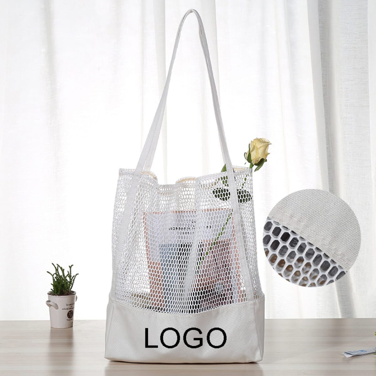 Canvas Shoulder Bag with Mesh Cloth