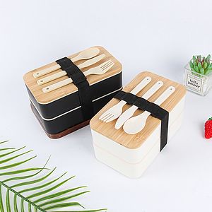 Bamboo Lid Bento Double Decker Lunch Box