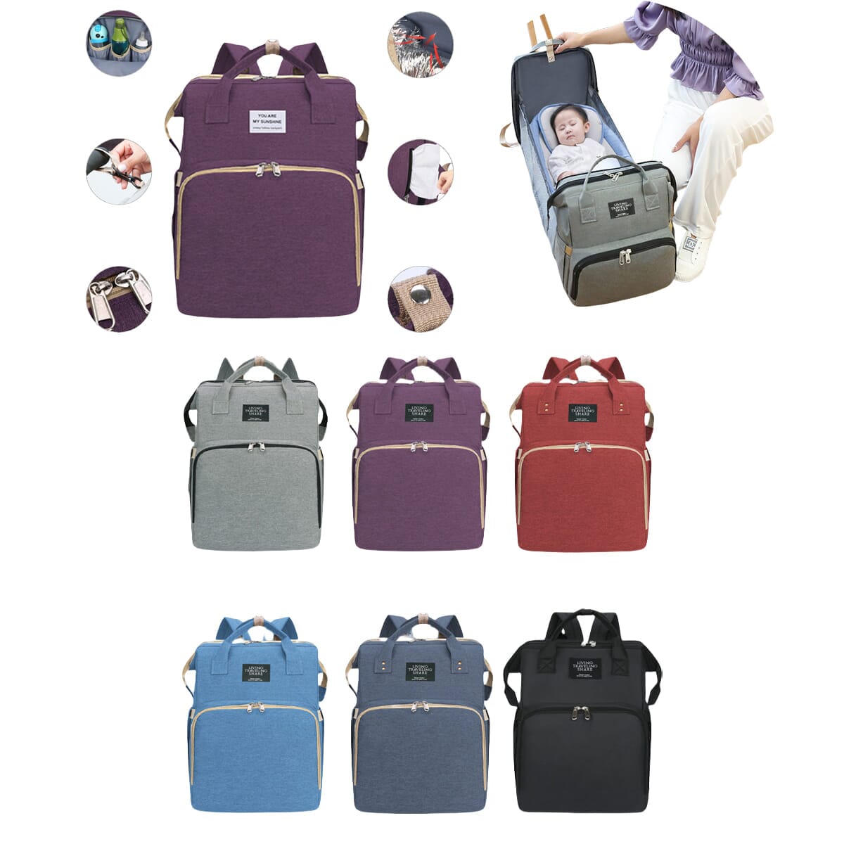 Mummy Stroller Diaper Bag Nappy Foldable Bed Backpack