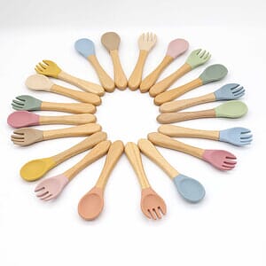 Baby Feeding Wooden Handle Silicone Fork & Spoon Set