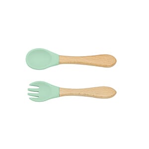 Baby Feeding Wooden Handle Silicone Fork & Spoon Set