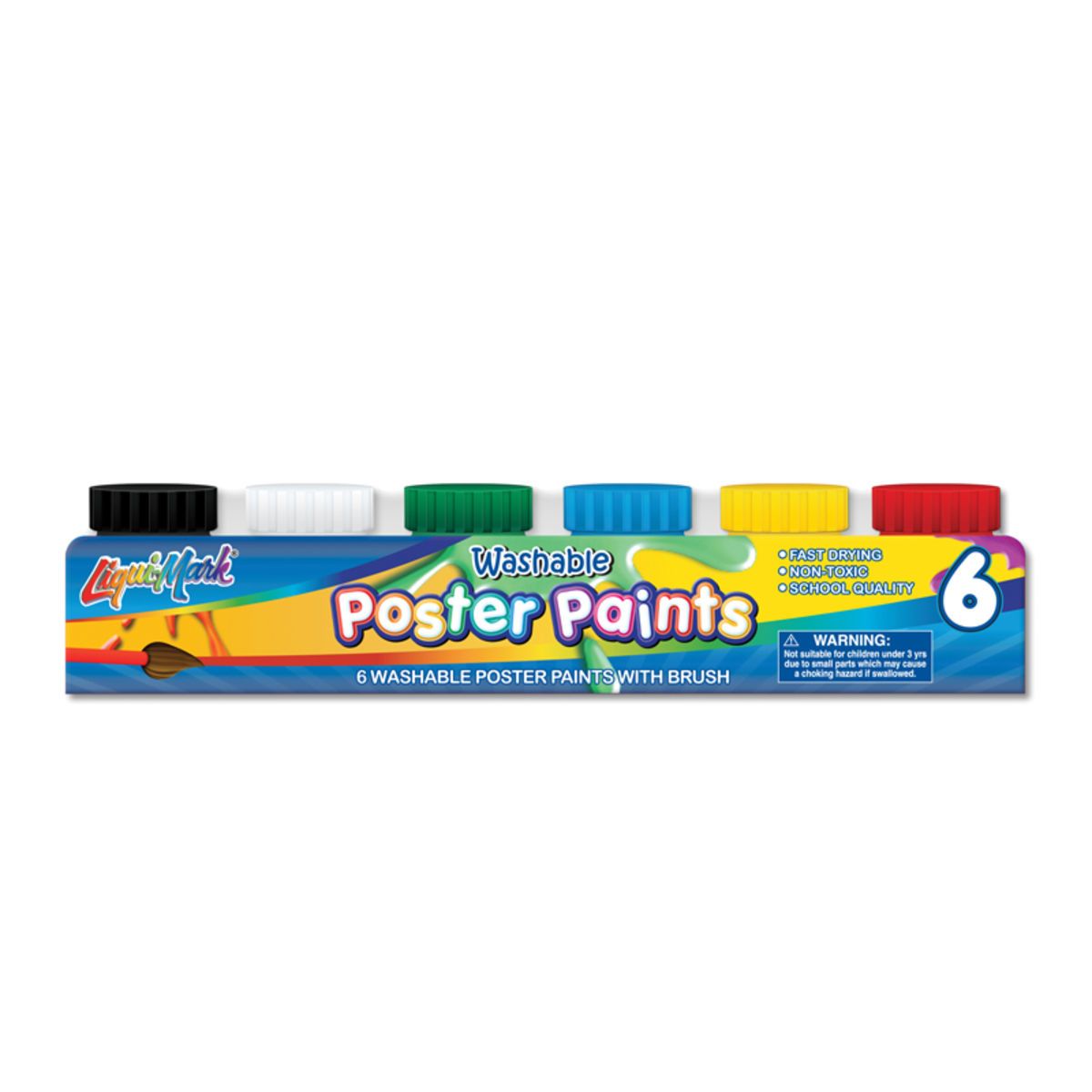 Set of 6 Washable Poster Paint with Brush - Classic Colors