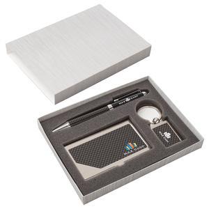 Carbon Fiber  Pen, Business Card Case and Chrome Keyring Set