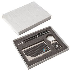 Carbon Fiber  Pen, Business Card Case and Chrome Keyring Set