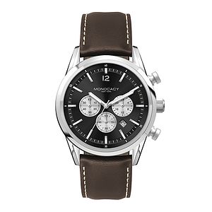 WC3054 42MM STEEL SILVER CASE, CHRONOGRAPH MVMT, BLACK DIAL, DTE DISPLAY, LEATHER STRAP, FLAT MINERAL CRYST