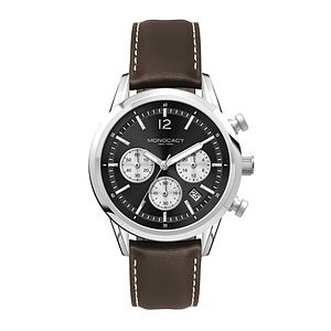 WC3055 34MM STEEL SILVER CASE, CHRONOGRAPH MVMT, BLACK DIAL, DTE DISPLAY, LEATHER STRAP, FLAT MINERAL CRYST