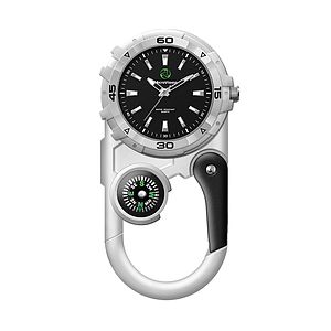 WC8221 41MM METAL MATTE SILVER POCKET WATCH, 3 HAND MVMT, BLACK DIAL, COMPASS, CARABINER