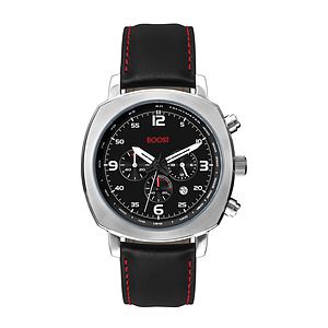 WC8826 45.5MM STEEL MATTE SILVER CASE, CHRONOGRAPH MVMT, BLACK DIAL, DTE DISPLAY, LEATHER STRAP, DOME MINER