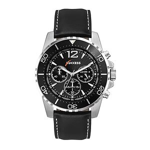 WC9928 44MM METAL SILVER CASE, CHRONOGRAPH MVMT, BLACK DIAL,  BLACK ROTATING BEZEL, LEATHER STRAP, FLAT MIN