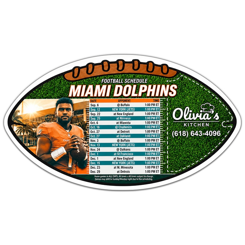 7x4" One Team Miami Dolphins Football Schedule Election Football Shape Magnets Outdoor Safe 30 Mil