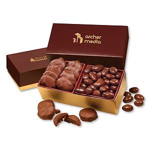 Caramel Pecan Clusters & Chocolate Almonds in Burgundy & Gold Gift Box