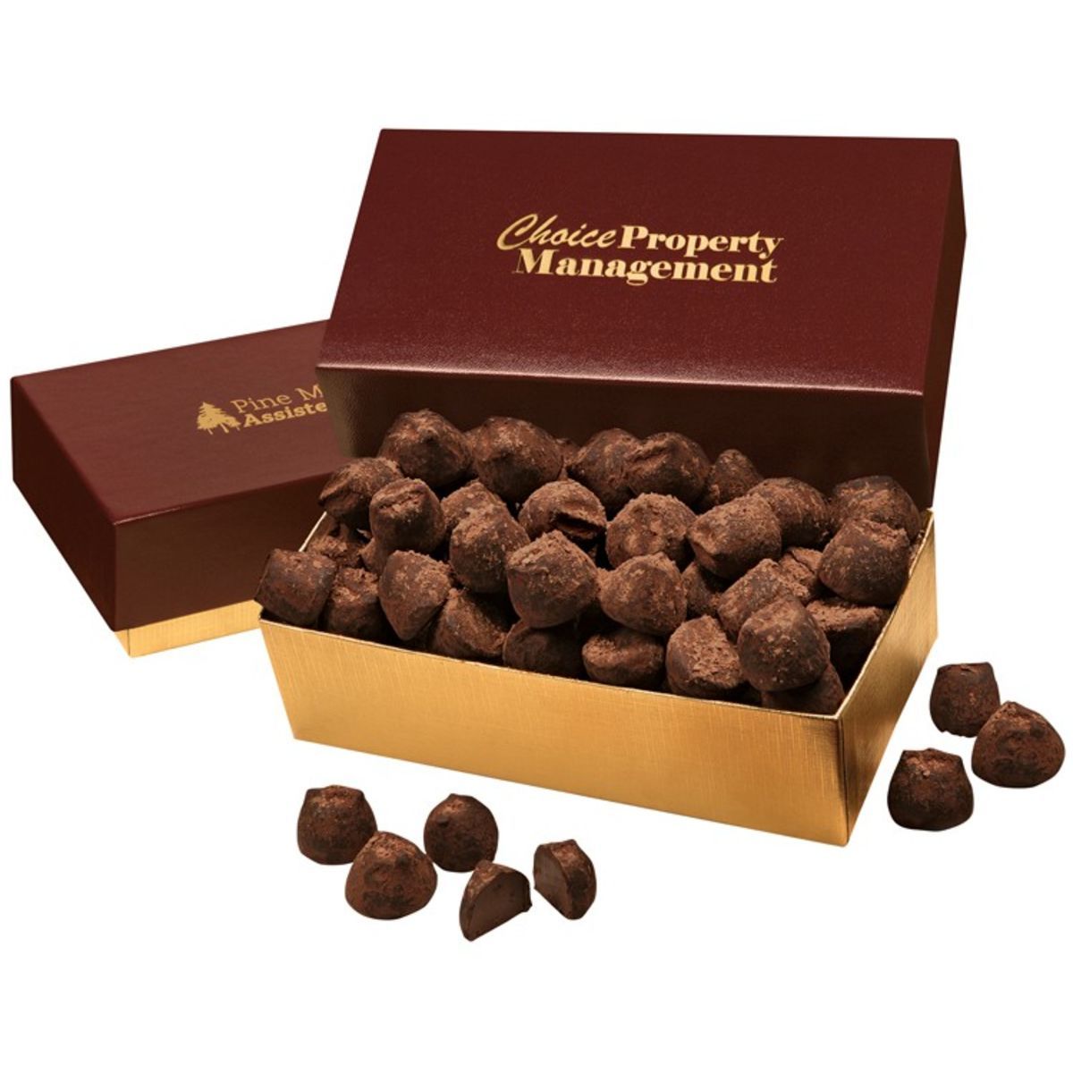 Sale cocoa dusted truffles in burgundy gold gift box Corporate