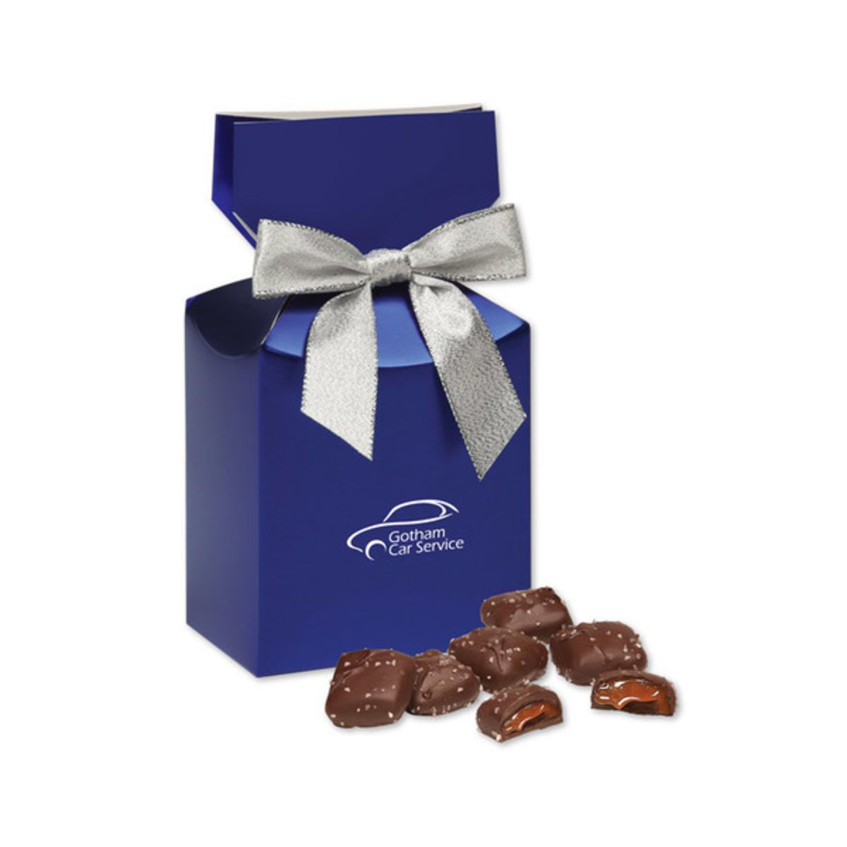 Chocolate sea salt caramels in blue premium delights gift box