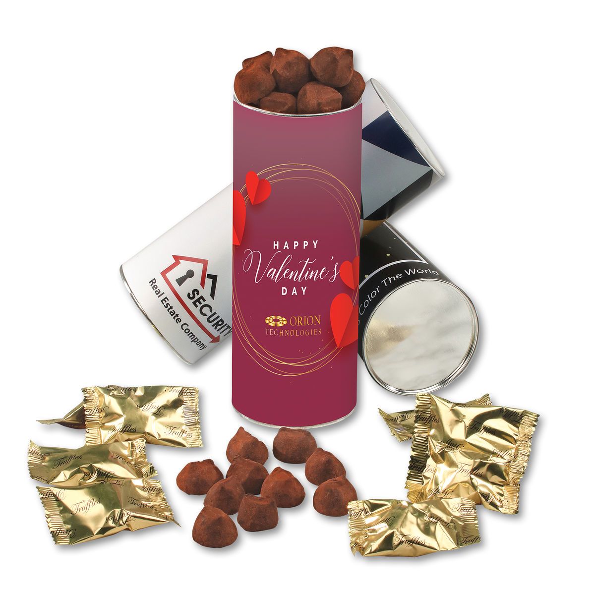 Cylinder with cocoa dusted truffles Corporate Specialties