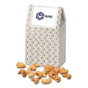 Fancy Cashews in Silver & Gold Geometric Gable Top Gift Box