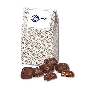 Chocolate Sea Salt Caramels in Silver & Gold Geometric Gable Top Gift Box