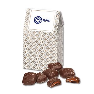 Chocolate Sea Salt Caramels in Silver & Gold Geometric Gable Top Gift Box