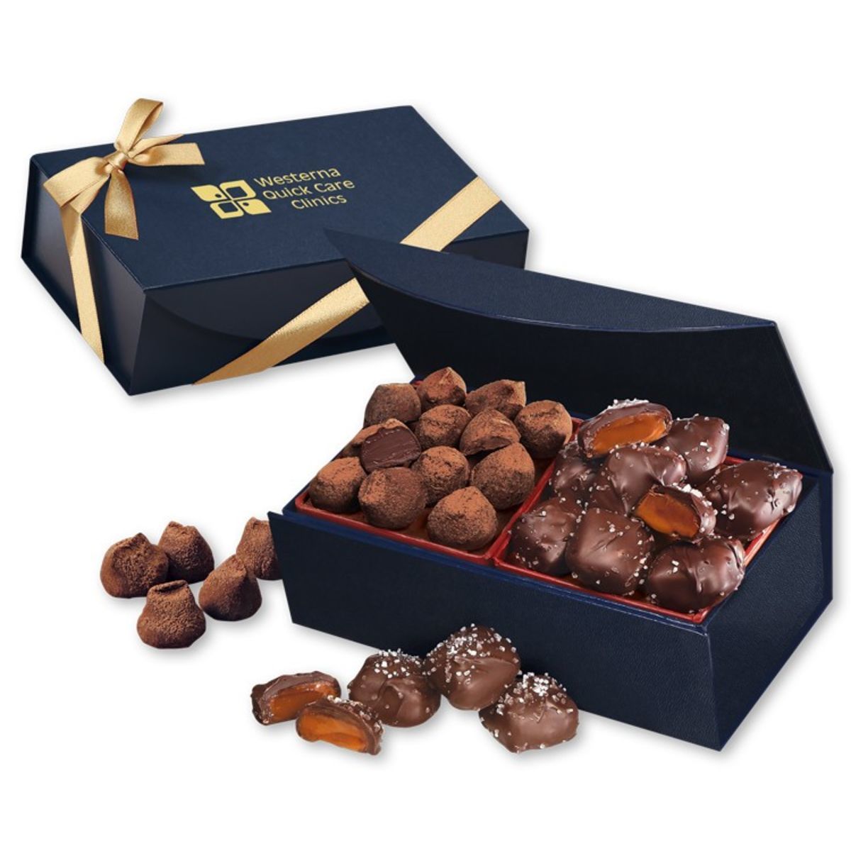 Chocolate sea salt caramels cocoa dusted truffles in navy