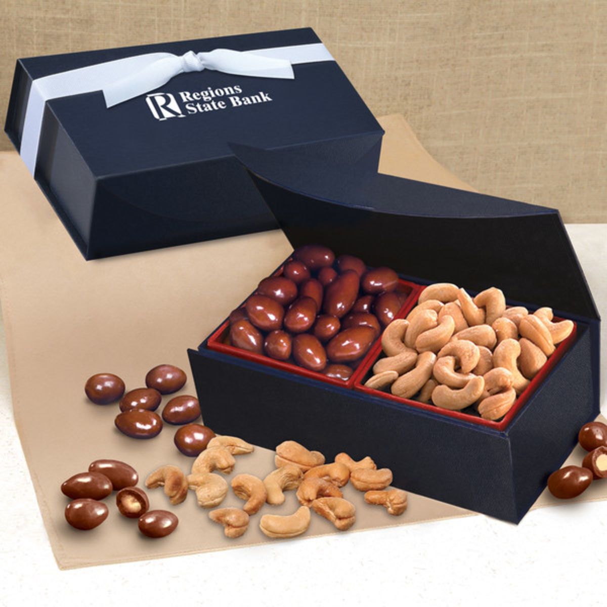 Custom Chocolate almonds cashews in navy closure box