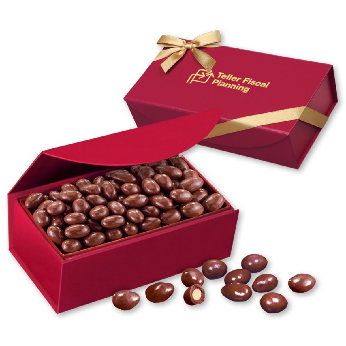 Chocolate covered almonds in red closure box Order Swag
