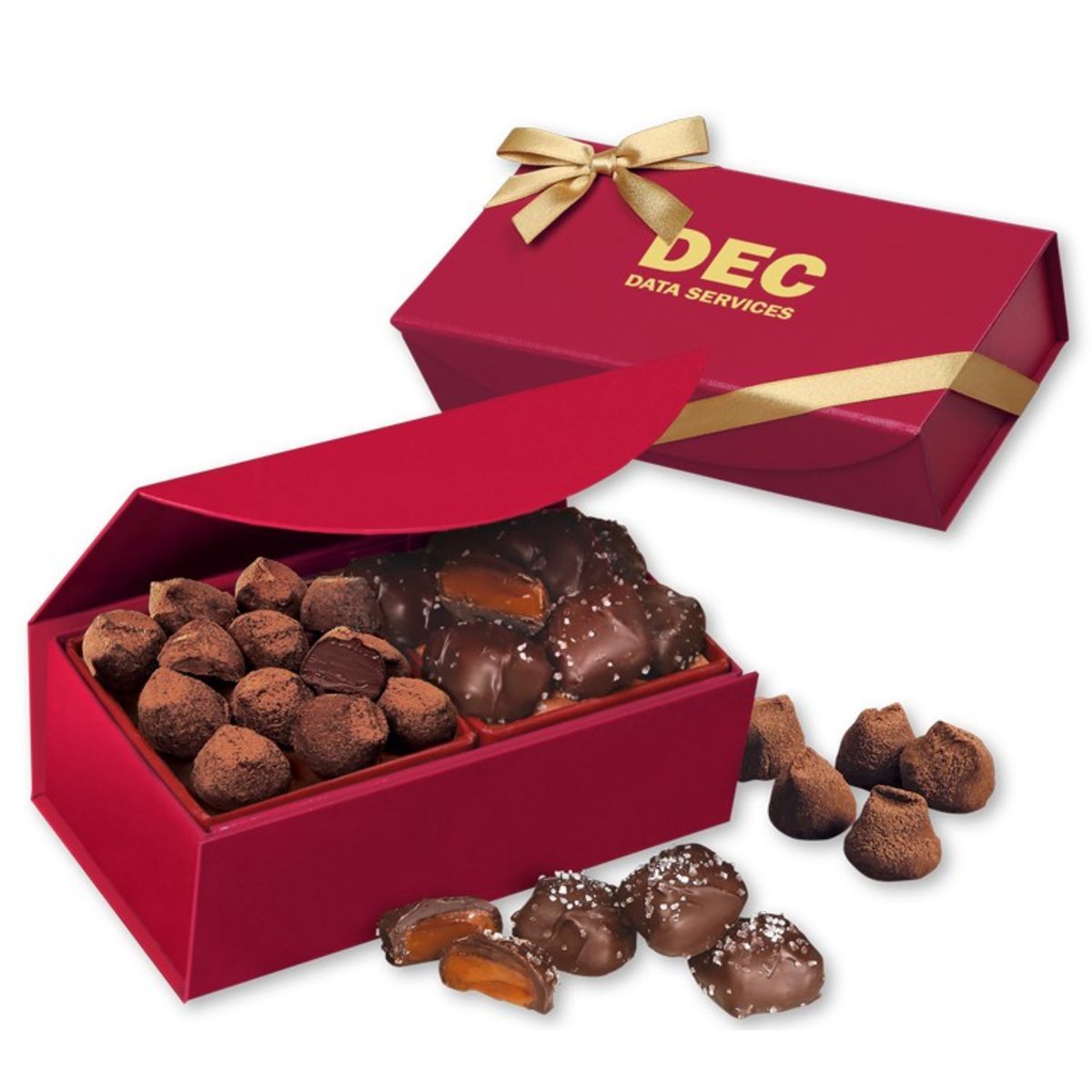 Promotional Chocolate sea salt caramels cocoa dusted truffles in red