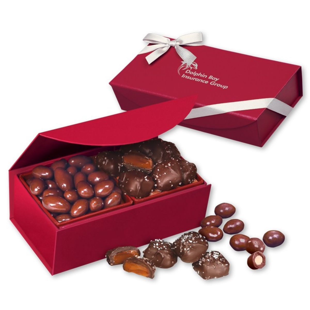 Chocolate covered almonds chocolate sea salt caramels in red closure box Brandextenders