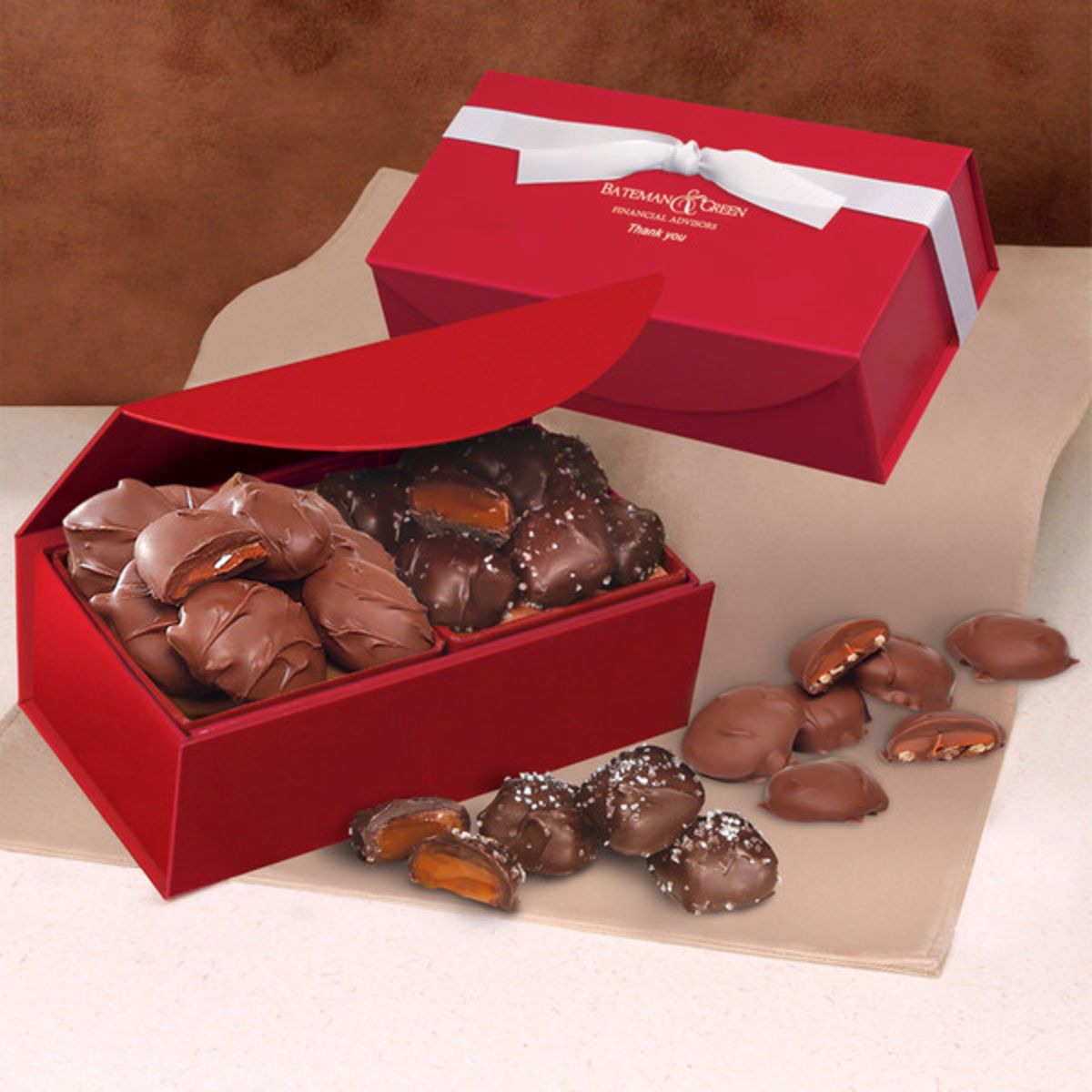 Promotional Chocolate sea salt caramels pecan turtles in red