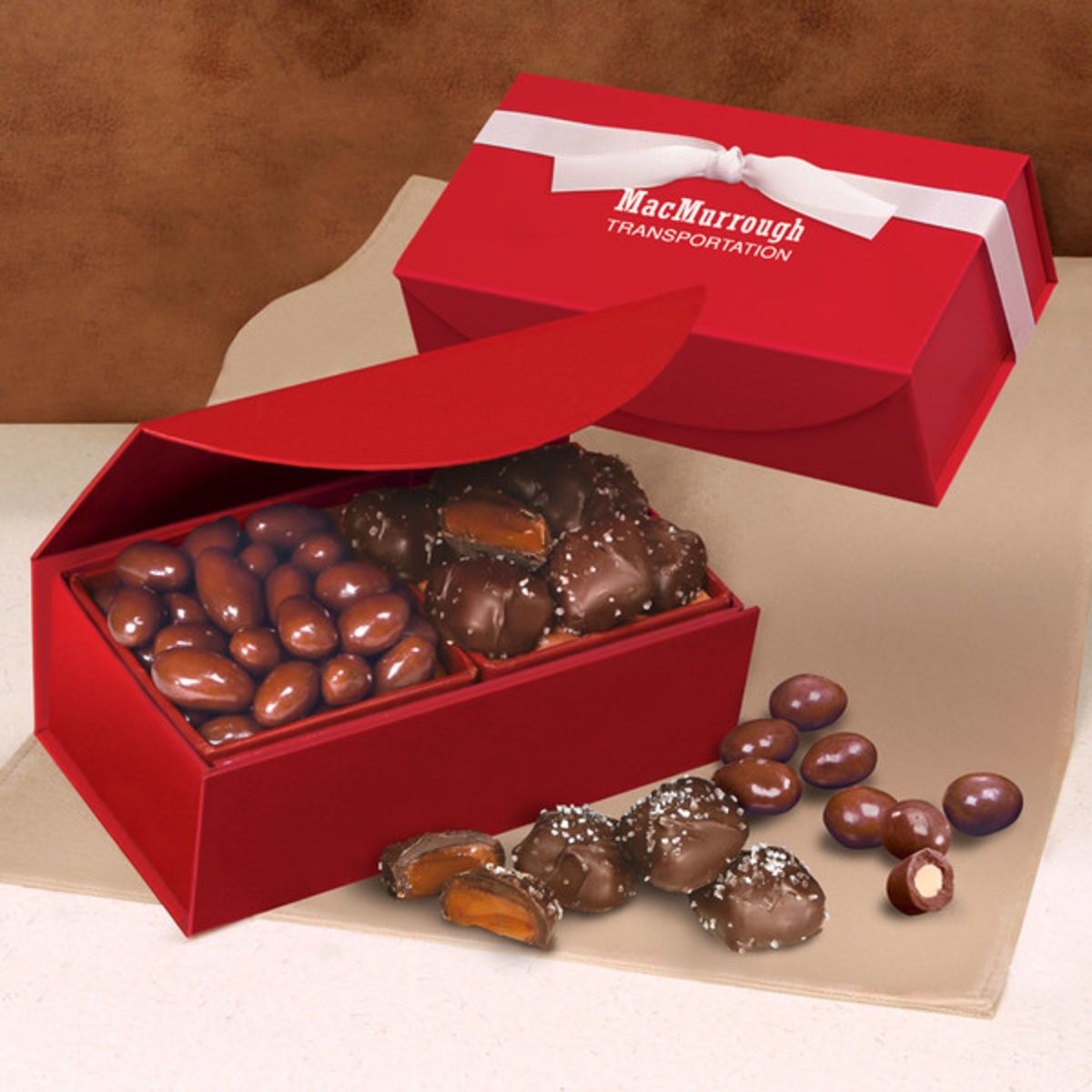 Promotional Chocolate covered almonds chocolate sea salt caramels in red closure box