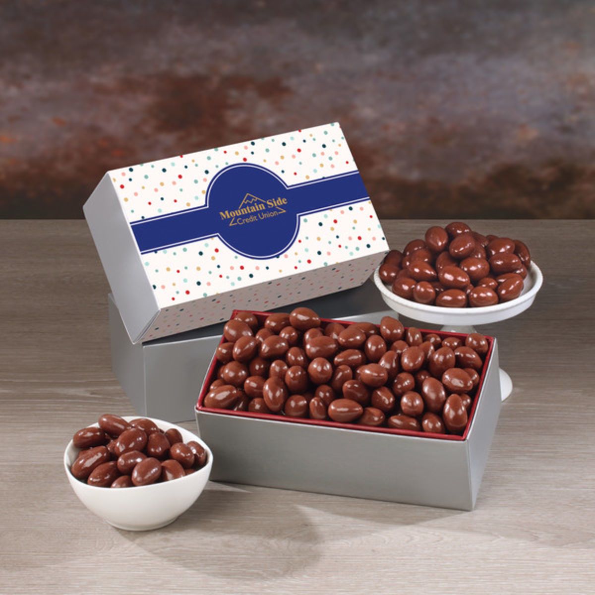Promotional Chocolate covered almonds with bubbles sleeve Personalized