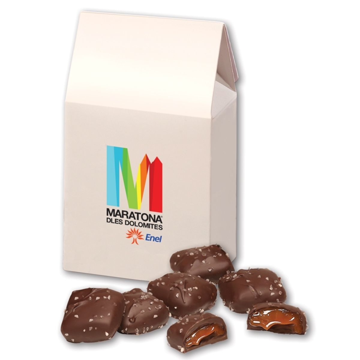 Promotional Chocolate sea salt caramels in gable top gift box with full color imprint
