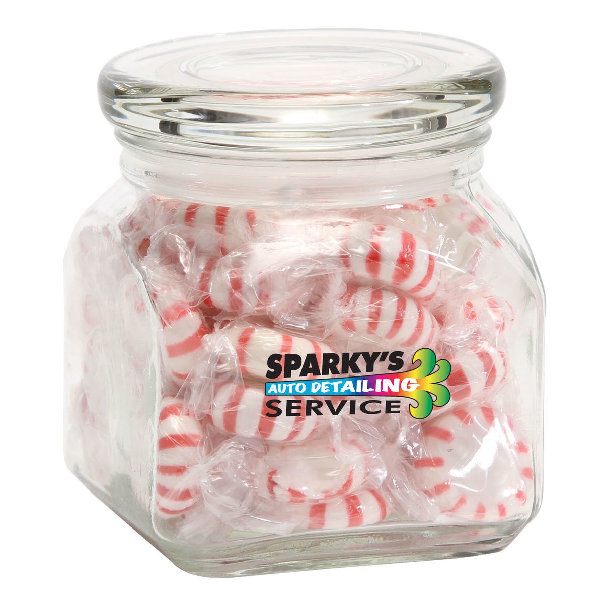 Striped peppermints in sm glass jar Corporate Specialties