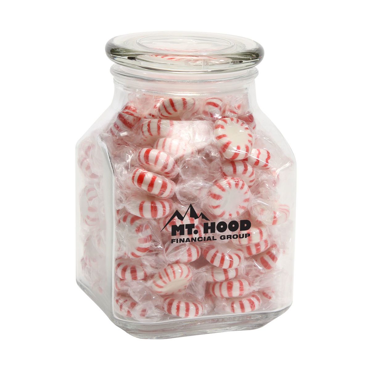 Striped peppermints in lg glass jar Corporate Specialties