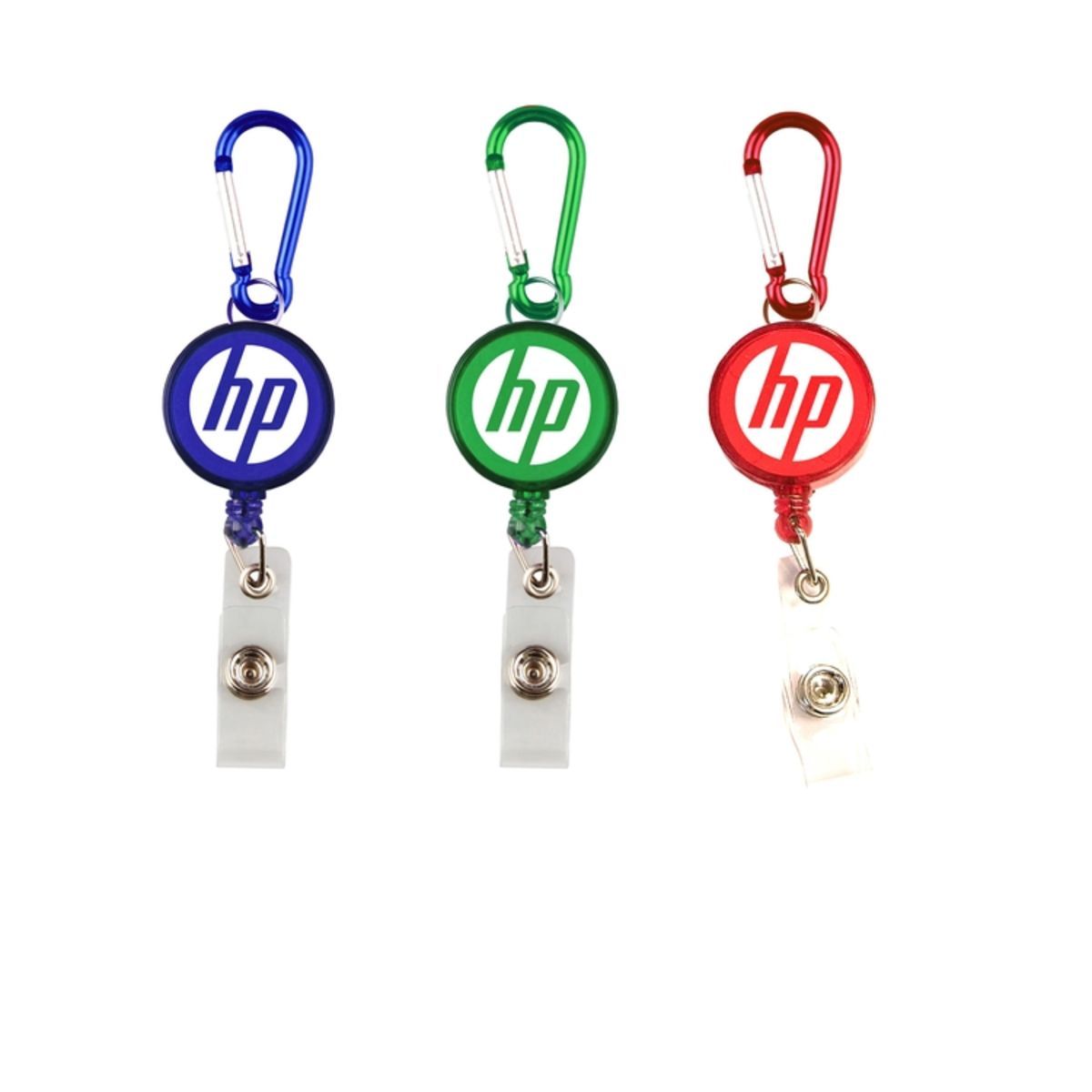 Round retractable badge holder with carabiner.