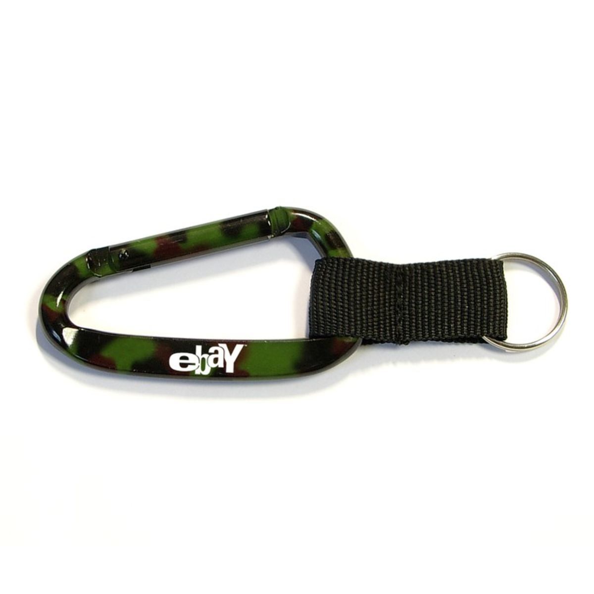 Camouflage carabiner with split key ring and nylon strap
