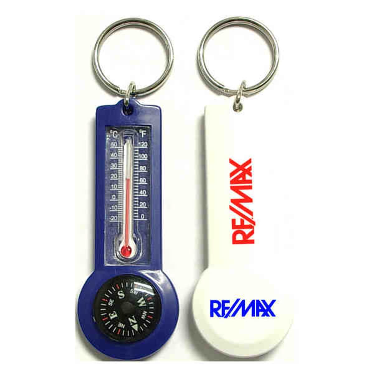 Durable compass and thermometer keychain.