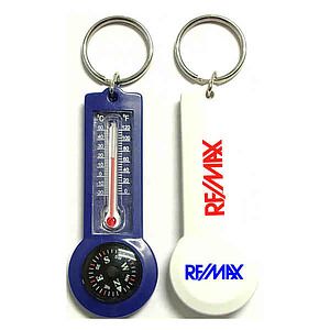 Durable compass and thermometer keychain.