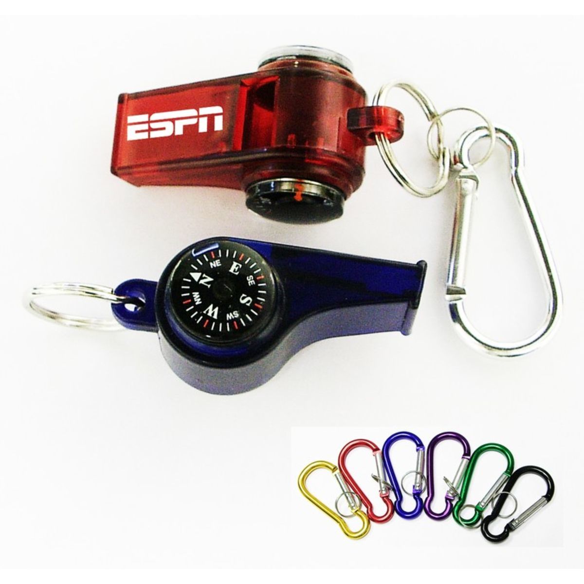 Whistle with compass thermometer and keychain.